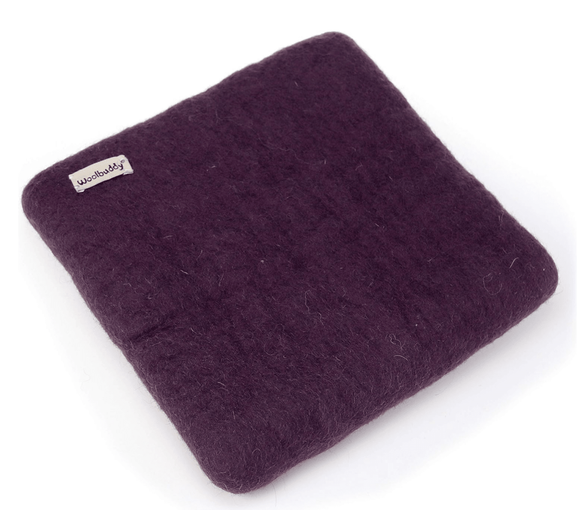 The Woolbuddy Felting Mat, Small, is a square, dark purple mat with a slightly fuzzy texture and a Woolbuddy tag near one corner—ideal for needle felting projects.