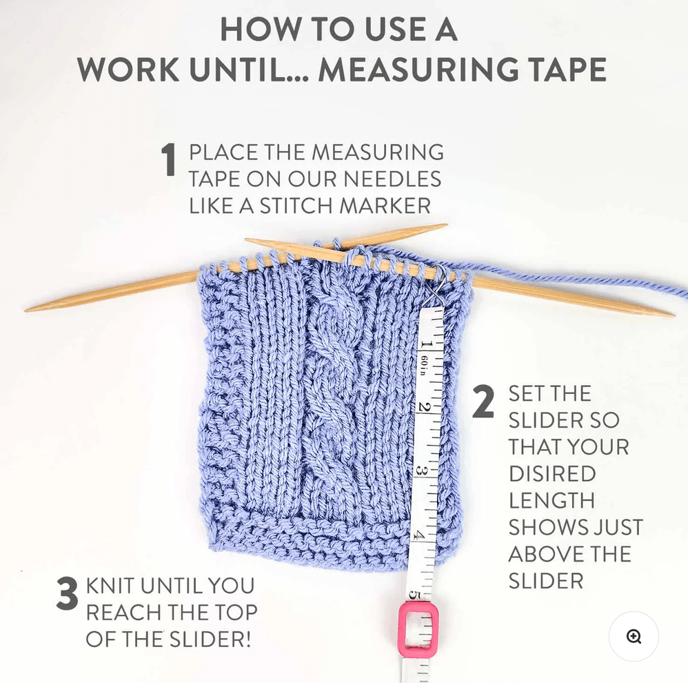 A blue swatch on needles with a stitch marker, the Twice Sheared Sheep Work Until... Measuring Tape, and a slider. Step-by-step instructions show how to use this tape to track your knitting progress and know when to stop.