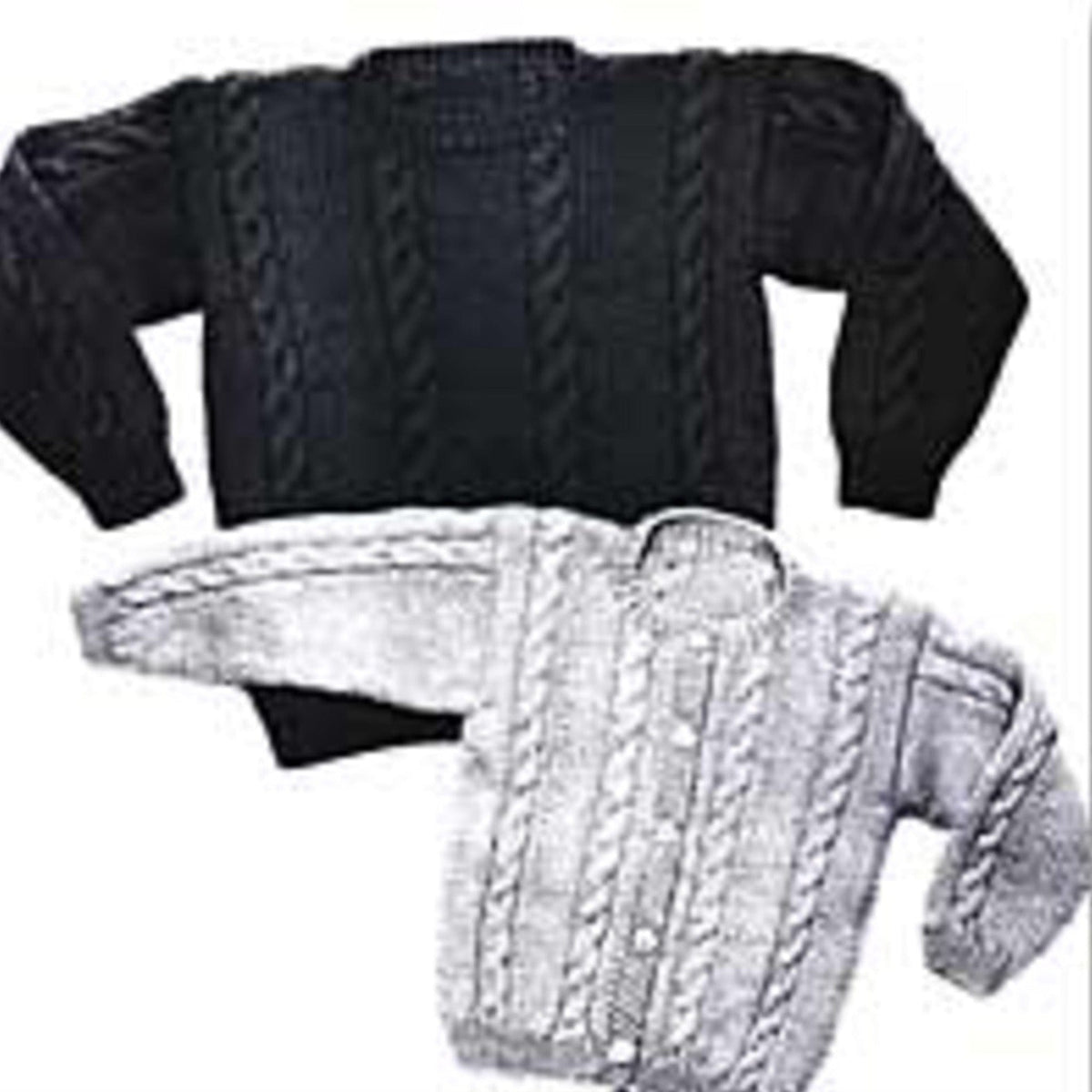 Two cable-knit sweaters from Yankee Knitter Designs' Child's Cable Sweater, Pullover & Cardigan #22 are shown: a black long-sleeve pullover and a light gray button-up cardigan, each with classic cable patterns and rich texture.