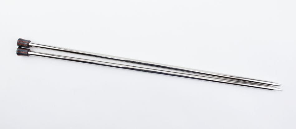Two silver Accessories Unlimited Knit Pro Nova Metal single point knitting needles, each 10" or 14", are laid parallel on a white background.