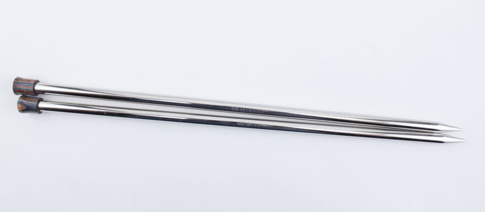 Two Knit Pro Nova Metal Single Point Knitting Needles by Accessories Unlimited, each 10" or 14" long with pointed tips and rounded handles, are placed side by side on a white background.
