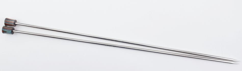 A pair of colorful-capped Knit Pro (Knitters Pride) Nova Metal Single Point Knitting Needles, 10" or 14", from Accessories Unlimited, are laid parallel on a white background.