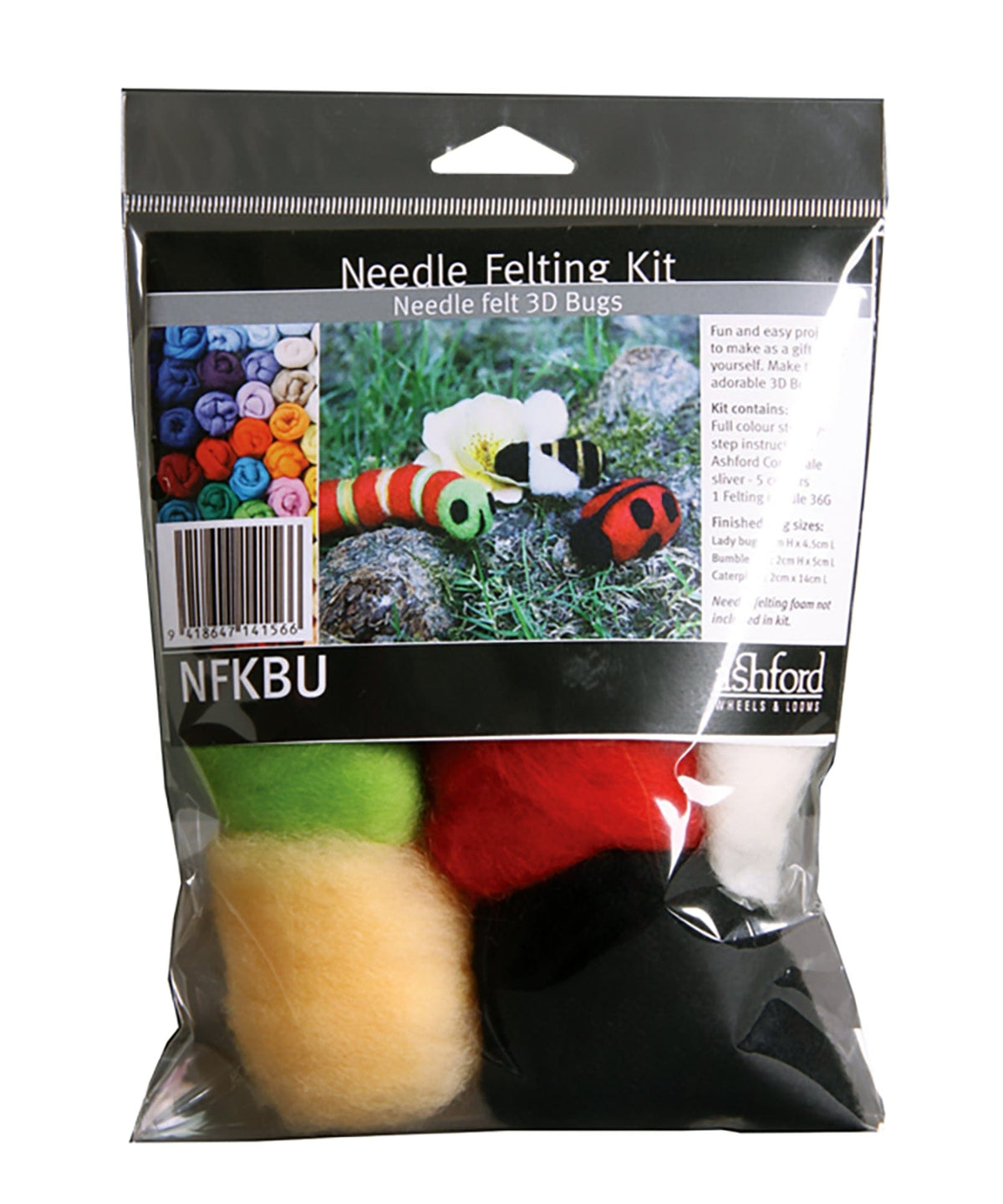 The Ashford Needle Felting Kits by Ashford Handicrafts Limited include colored wool (green, yellow, red, black, white) and a label with 3D felted bugs like a ladybug and caterpillar—perfect for beginner-friendly creative needle felting projects.