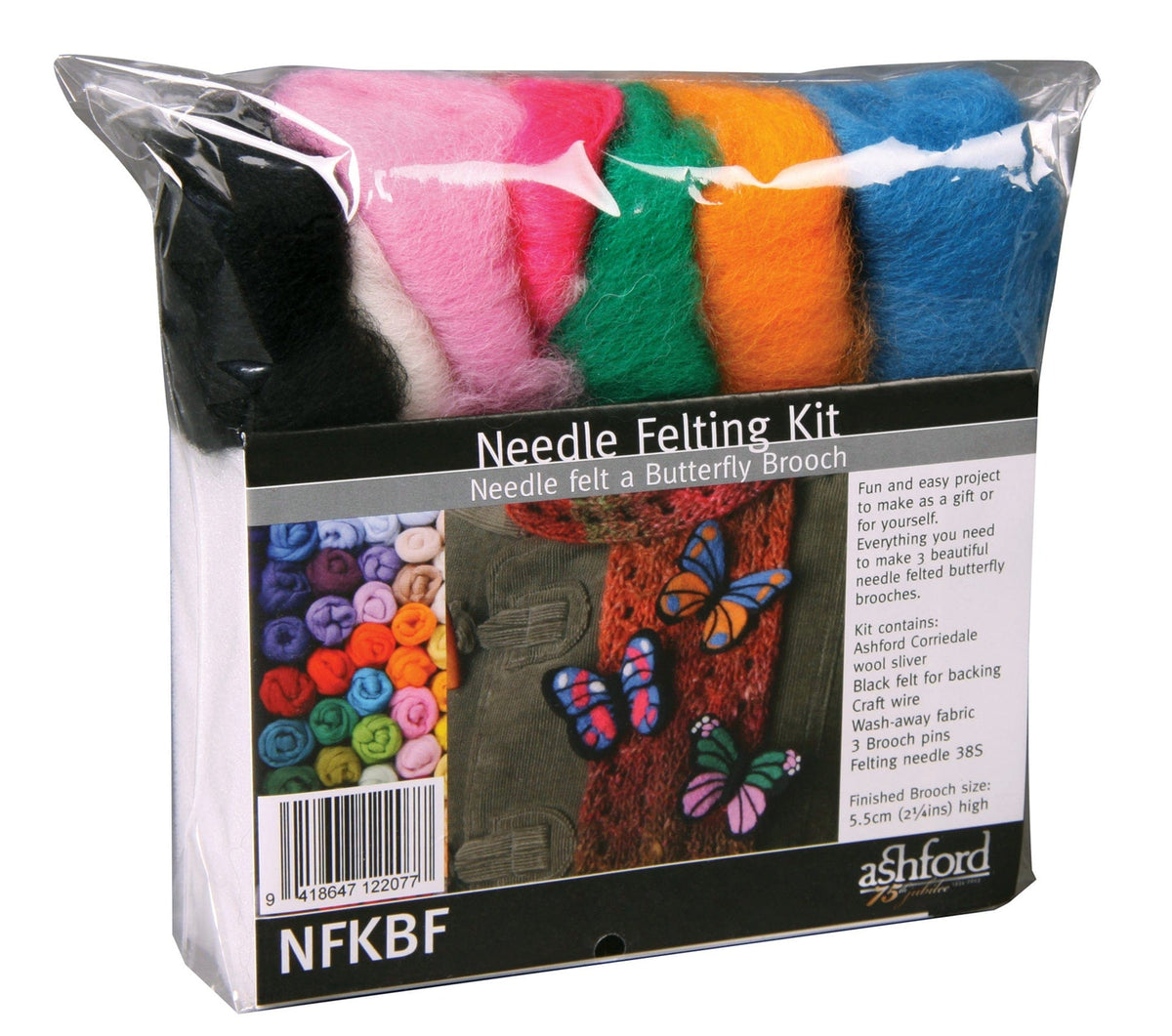 The Ashford Needle Felting Kit by Ashford Handicrafts Limited includes colorful wool in black, white, pink, green, yellow, orange, and blue. The box features felt butterfly brooches and lists kit contents and instructions for beginners.