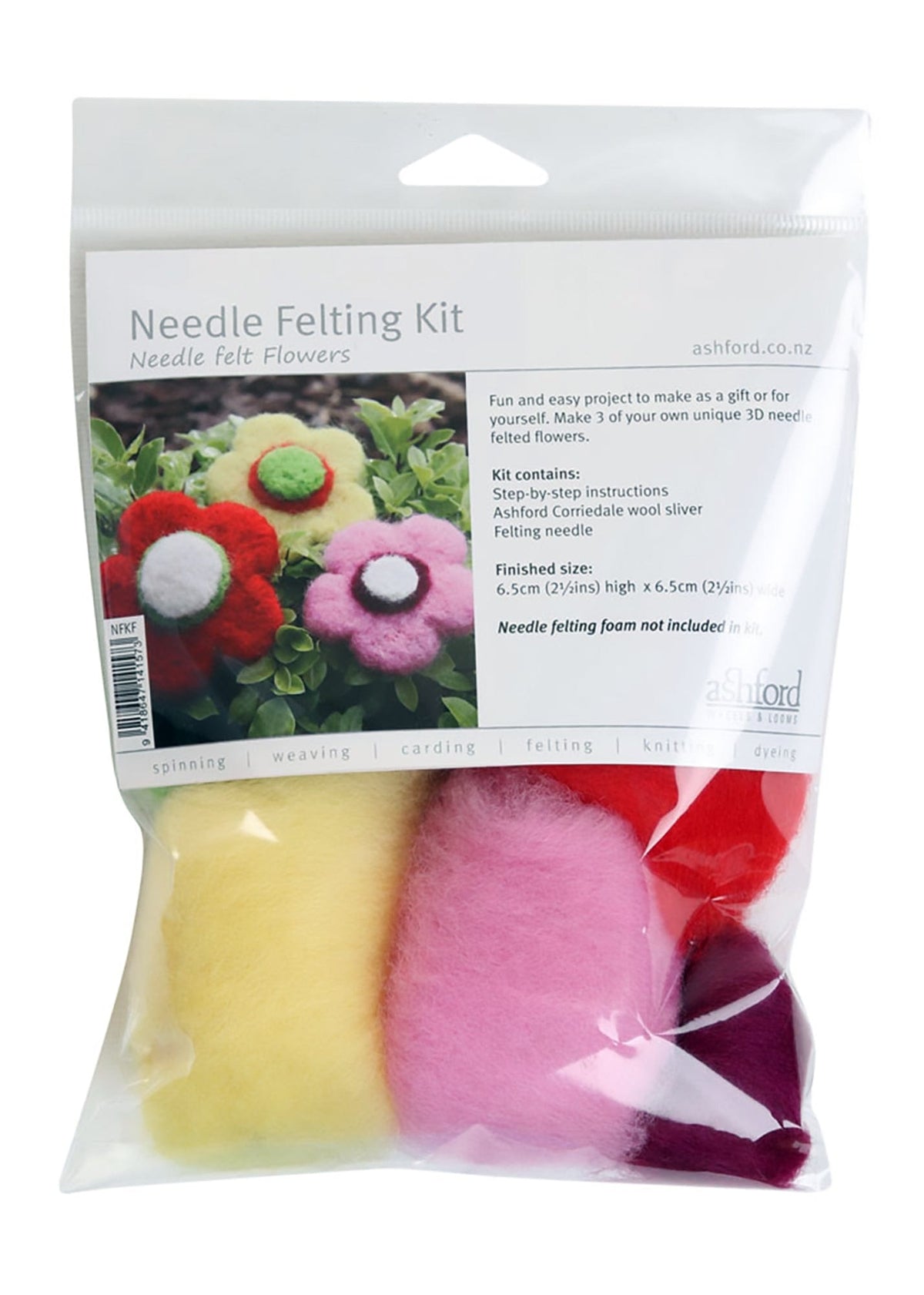 The Ashford Needle Felting Kit by Ashford Handicrafts Limited is perfect for beginners and includes colorful wool roving in yellow, pink, red, and purple, easy instructions, and a photo of felted flower crafts on the front.