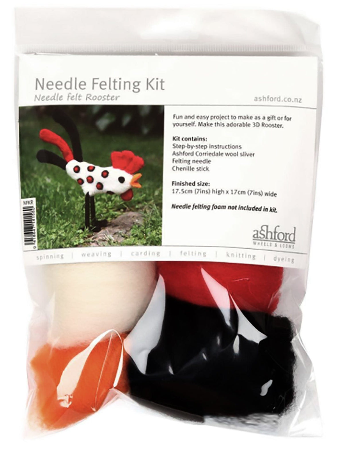 The Ashford Needle Felting Kit by Ashford Handicrafts Limited includes wool in red, white, orange, and black plus instructions to create a 3D felt rooster. The package shows a photo of the finished rooster on the label.