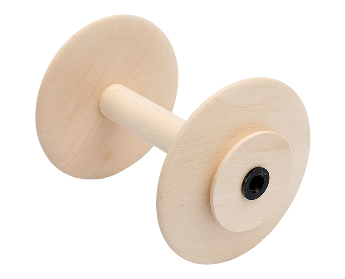 The Kromski Spinning Wheel Bobbin by Kromski North America features two wide, flat discs on each end connected by a cylindrical rod, ideal for winding thread or yarn; a small black circular piece appears at the center of one disc.