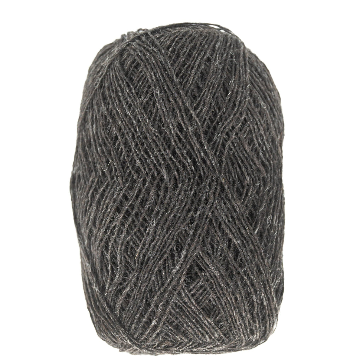 A ball of Berroco, Inc. Einband Lopi yarn, in dark gray, wound into an oval with fibers tightly wrapped together.