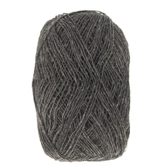 A ball of Berroco, Inc. Einband Lopi yarn, in dark gray, wound into an oval with fibers tightly wrapped together.