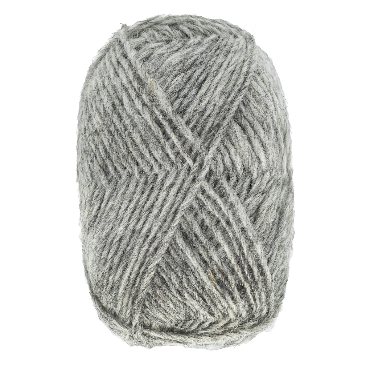 A skein of Berroco, Inc. Léttlopi (Lite Lopi) Icelandic Wool Yarn in light grey, spun for a soft and slightly fuzzy texture, is oval-wound and perfect for cozy colorwork knitting projects.