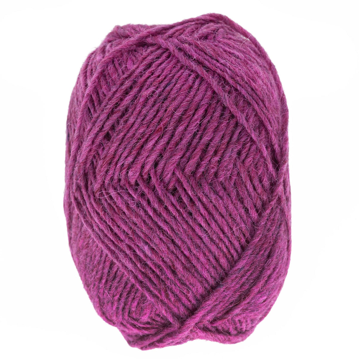 A close-up of a skein of magenta Berroco, Inc. Léttlopi (Lite Lopi) Icelandic Wool Yarn, tightly wound in an oval shape against a white background, highlights its unique texture—ideal for colorwork knitting projects.