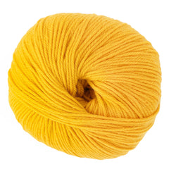 A close-up of a round ball of Cascade 220 Superwash Wool Yarn by Cascade Yarns, featuring tightly wound bright yellow merino strands, isolated on a white background.