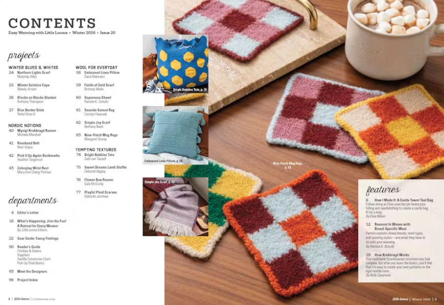 Table of contents for Easy Weaving with Little Looms, Winter 2026, featuring a plaid wool rug, a blue pillow, and a purple scarf.