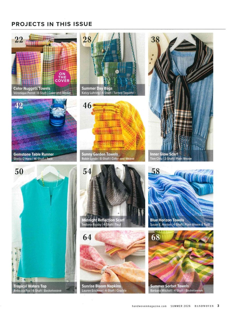 Handwoven Magazine, Summer 2026 by Long Thread Media showcases nine vibrant weaving projects—towels, scarves, a table runner, a sleeveless top, and napkins—with photos and details to inspire colorful creations.