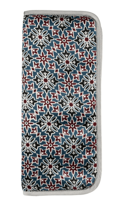 The Lantern Moon Circular Needle Case by Bryson Distributing, Inc. is a rectangular IKAT fabric case with a geometric floral pattern in black, white, blue, and red and light gray trim, shown against a white background.
