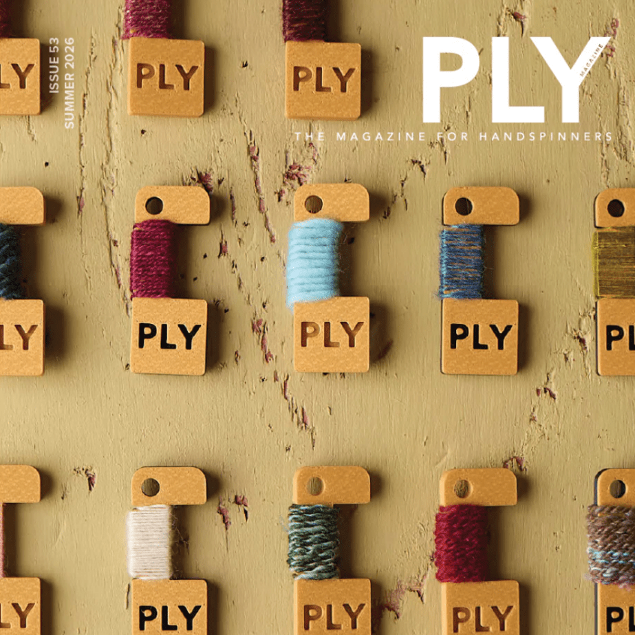On the cover of PLY Magazine’s Issue 53, Summer 2026: Purpose, small tags labeled "PLY" with various yarn samples are arranged on a yellow background; “purpose” appears in white text at the bottom right.