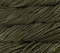 Close-up of thick, super bulky Malabrigo Rasta yarn in variegated shades of dark olive green.