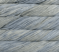 Four stacked hanks of kettle-dyed, variegated Malabrigo Rios yarn in shades of light blue, grey, and soft green.