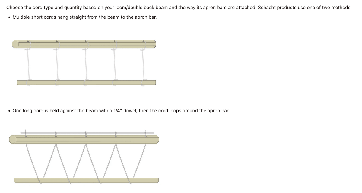 Diagram displays two Schacht Loom Apron Cords attachment methods by Schacht Spindle Co.: one uses several short cords vertically from beam to apron bar; the other employs a single long cord arranged in a zigzag pattern.