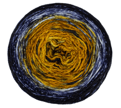 A circular cake of Malabrigo Sock yarn with a center of golden yellow transitioning to olive green and an outer ring of deep blue and black.