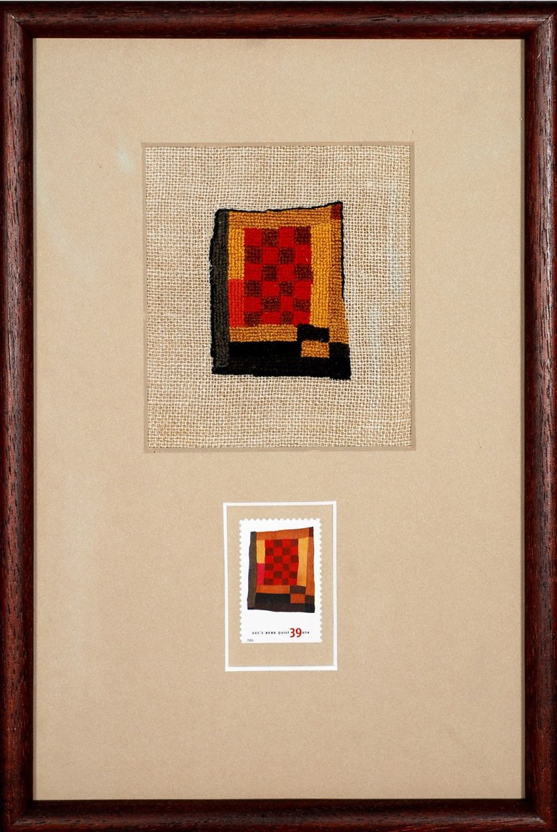 Halcyon Yarn presents "Miniature Echoes: Through the Art of the Gee's Bend Quiltmakers"—a framed, hand-stitched quilt artwork in red, orange, and black with a matching postage stamp, shown on beige matting within a dark wooden frame. Artist Talk: Susan Hess (July 2, 2026).
