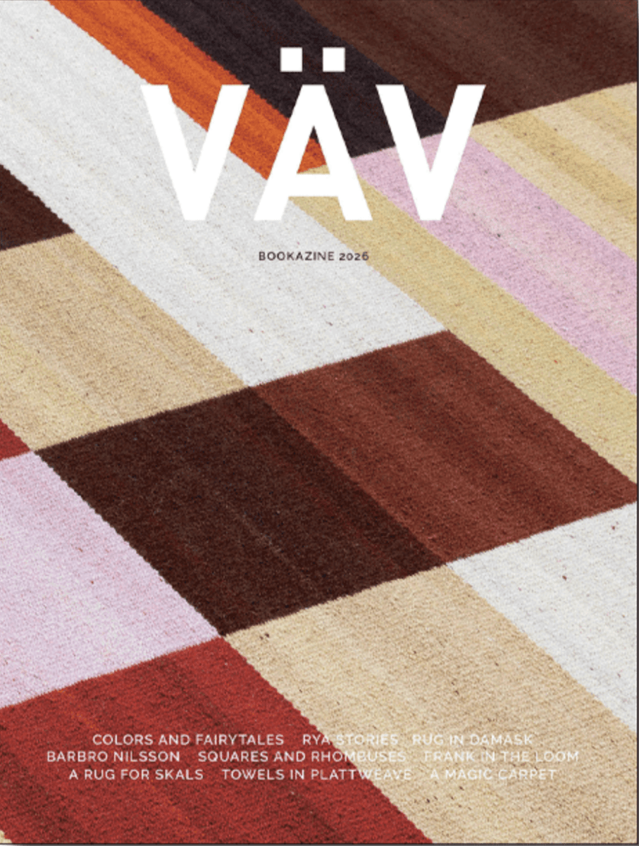 Cover of VÄV Bookazine 2026 featuring a geometric pattern of overlapping squares in brown, beige, pink, and orange, with article titles focused on weaving projects and Scandinavian textile traditions at the bottom.