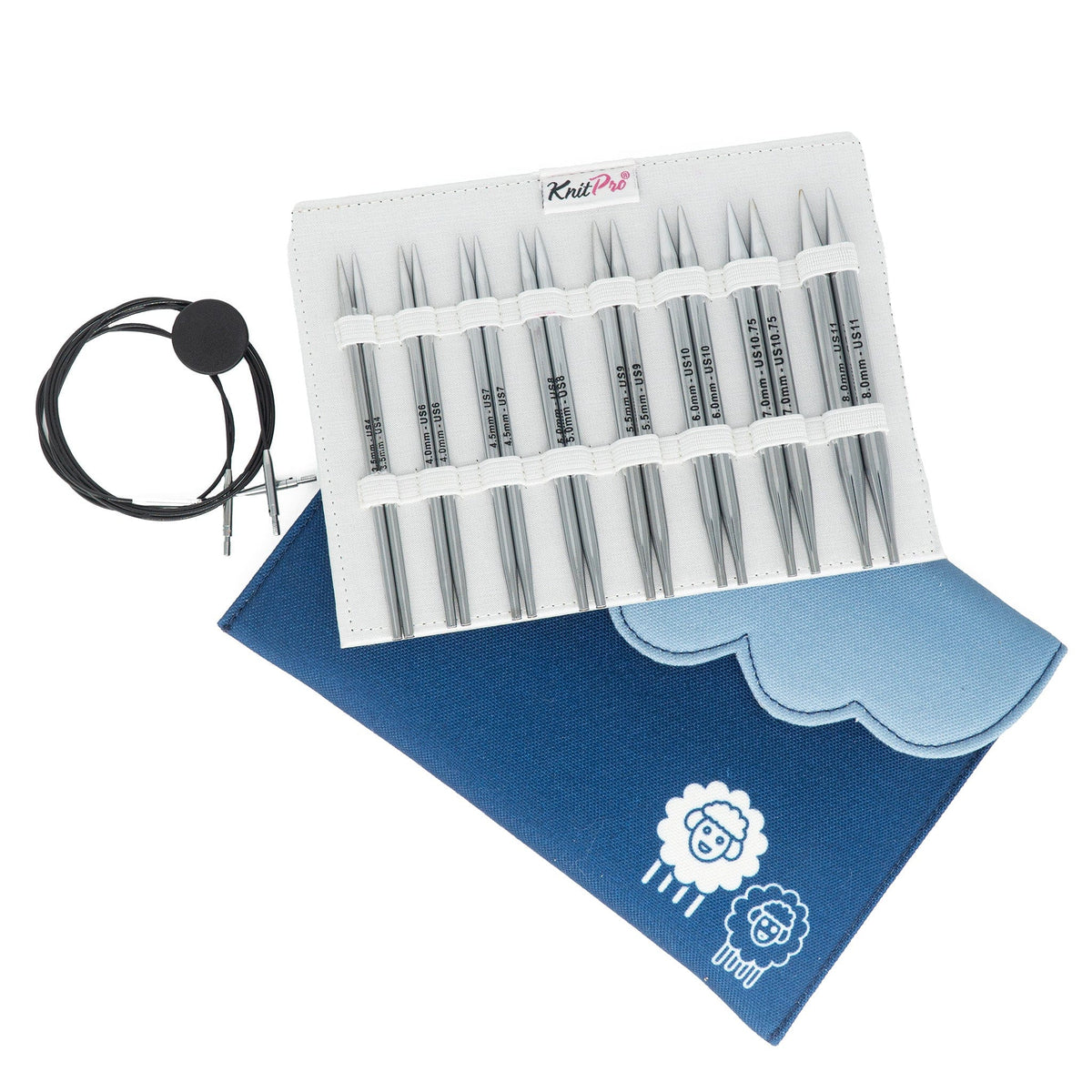 A Knit Pro Nova Metal Interchangeable Circular Knitting Needle Set by Accessories Unlimited, shown in a white KnitPro case beside a blue sheep-print pouch and detachable black cable.
