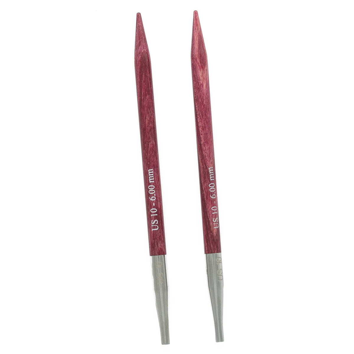 Two Accessories Unlimited Knit Pro Dreamz Interchangeable Knitting Needle Tips, US 10 (6.00 mm), with pointed ends and metal connectors, are shown parallel on a white background.