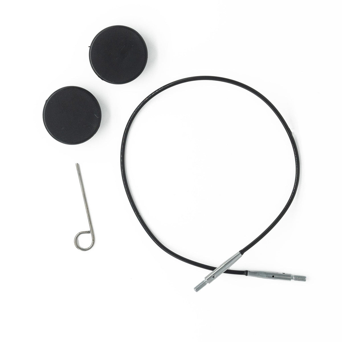 A black Knit Pro (Knitters Pride) Interchangeable Circular Needle Cord for Dreamz and Nova by Accessories Unlimited, with metal ends, a bent metal pin, and two round rubber caps—displayed on a white background.