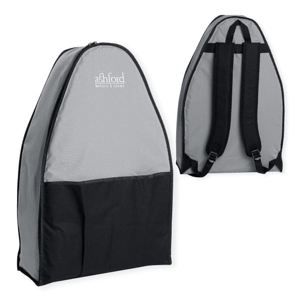 Two views of a gray and black backpack-style carry bag by Ashford Handicrafts Limited, designed for the Ashford Joy 2 Spinning Wheels. Features shoulder straps and "ashford" on the front, keeping your spinning wheel portable and protected.