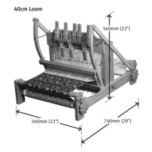 The Ashford Handicrafts Limited Table Loom, with overhead swinging beater and shuttle race, measures 40cm wide, 560mm deep/tall, and 740mm long—ideal for intricate weaving projects on its versatile 8-shaft design.