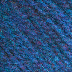 Close-up of Bartlettyarns Maine Wool Yarn (Fisherman 2-Ply) by Bartlettyarns in blue and purple, featuring a soft, fuzzy texture with diagonal twists. Colors blend richly with hints of pink and teal for a variegated effect.