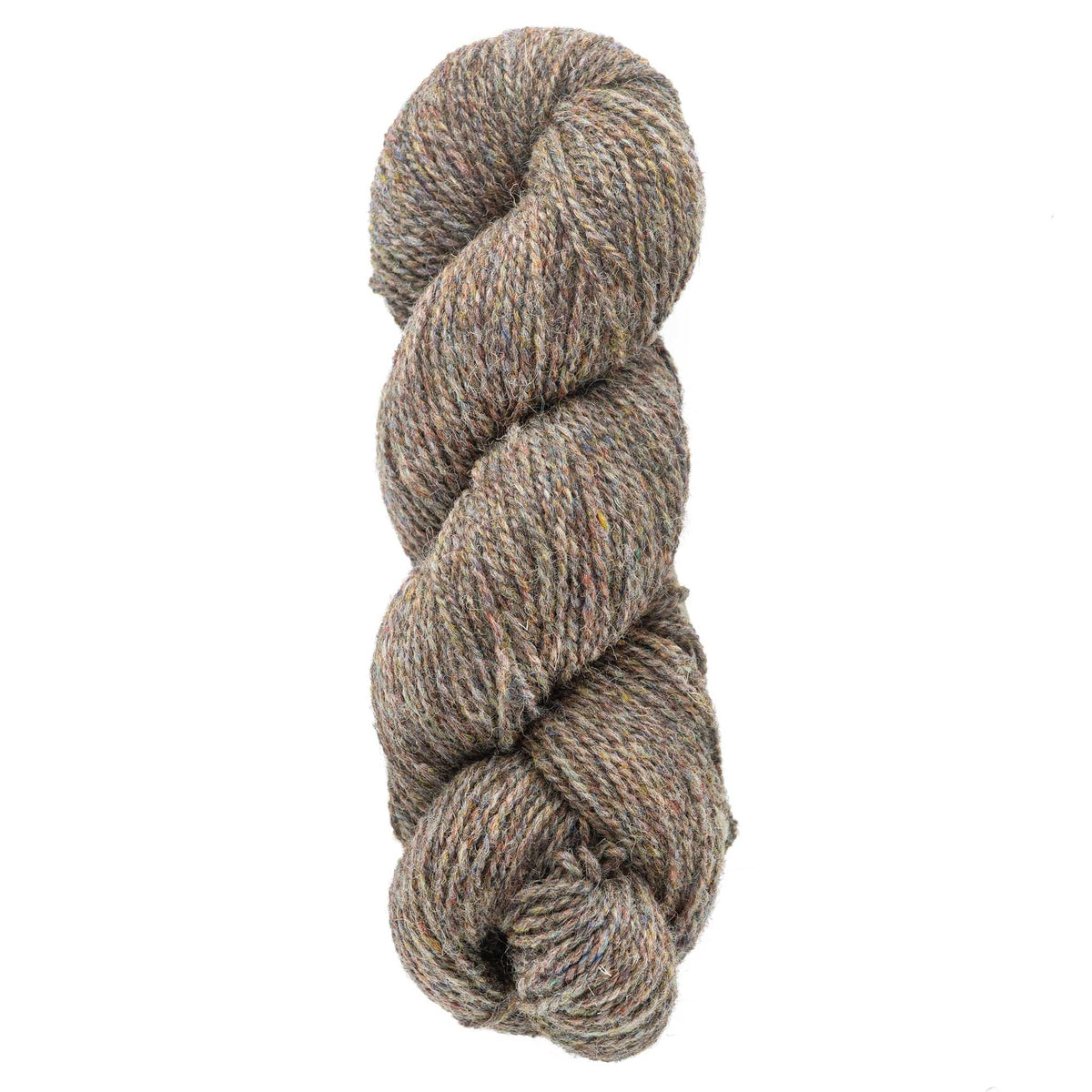 A skein of Bartlettyarns Maine Wool Yarn (Fisherman 2-Ply), a heathered gray-brown worsted weight yarn by Bartlettyarns, twisted in a neat bundle with subtle flecks of color throughout the fibers.