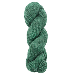 A skein of Bartlettyarns Maine Wool Yarn (Fisherman 2-Ply) by Bartlettyarns, in green, is tightly coiled against a white background. It appears soft, thick, and features a slightly textured worsted weight surface.