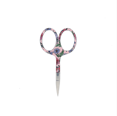 A pair of Bryson Distributing, Inc. Small Floral Scissors, 4" (flat tip), featuring a floral-patterned handle in pink, purple, and green hues; photographed on a plain white background.