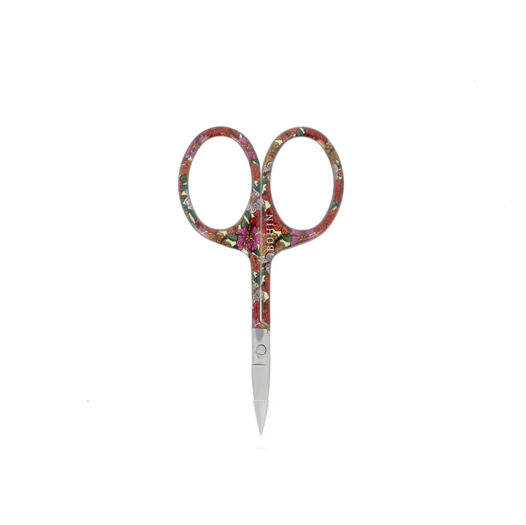 Small Floral Scissors, 4" (flat tip) by Bryson Distributing, Inc. feature a vibrant floral handle and short silver blades, shown against a plain white background.