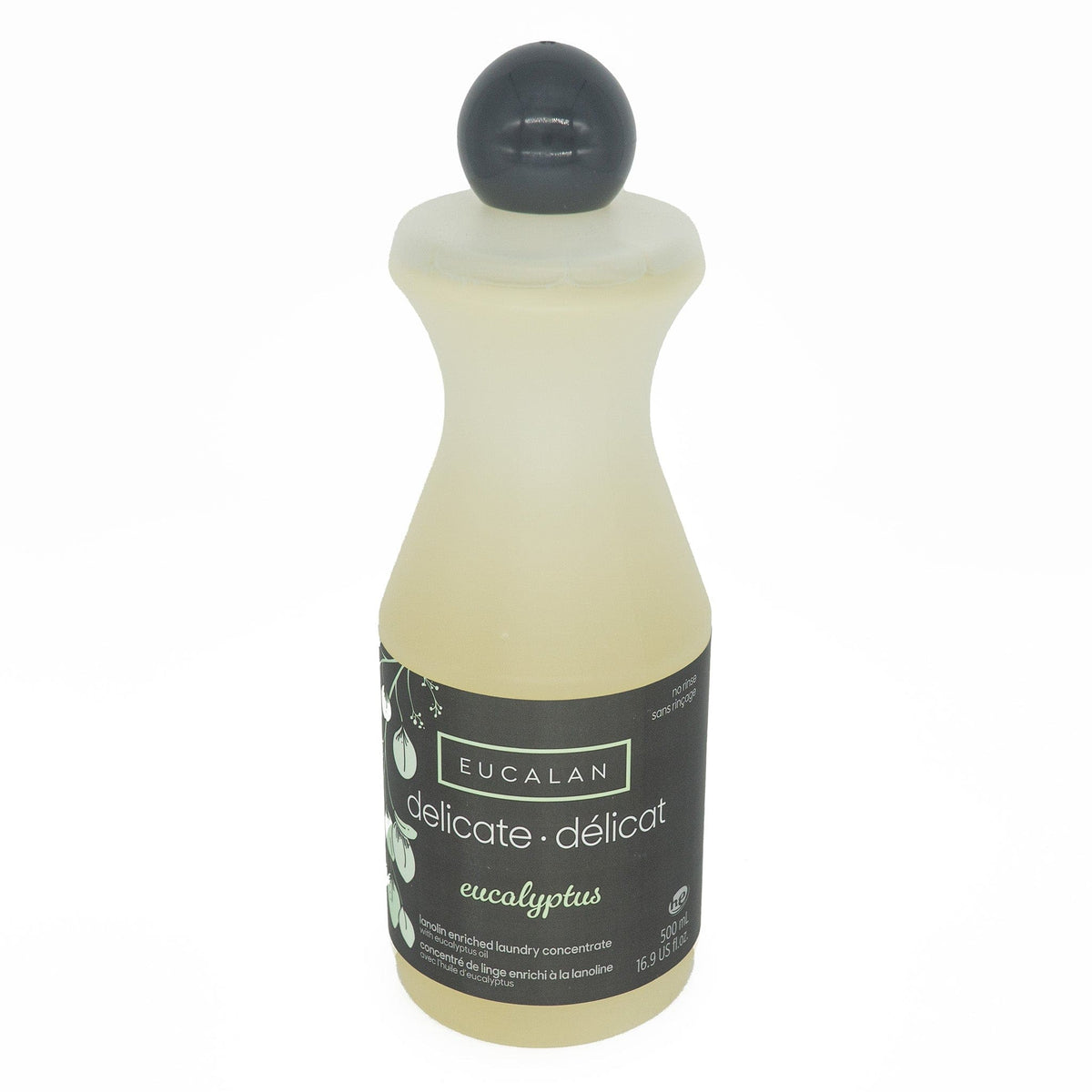 A 16.9 oz (500 ml) bottle of Eucalan Wool Wash by Eucalan, featuring a black round cap and black label, is shown on a white background—perfect for gentle, no-rinse care of wool and other delicate laundry.