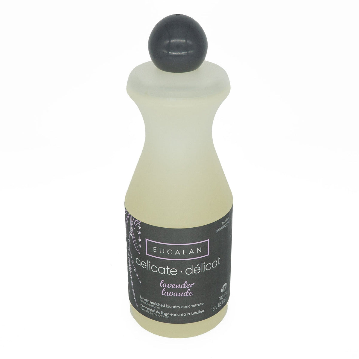 A 16.9 oz (500 ml) bottle of Eucalan Wool Wash by Eucalan, in a lavender scent with a sleek black label and matching black cap—ideal as a no-rinse wash for caring for your most delicate garments.