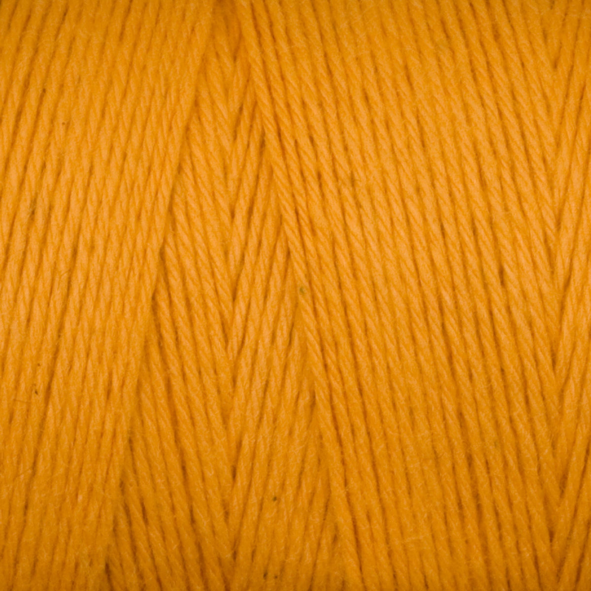 Close-up of tightly wound, smooth orange Cotton Carpet Warp 8/4 from Great Northern Weaving, showing individual fibers and strands running diagonally.