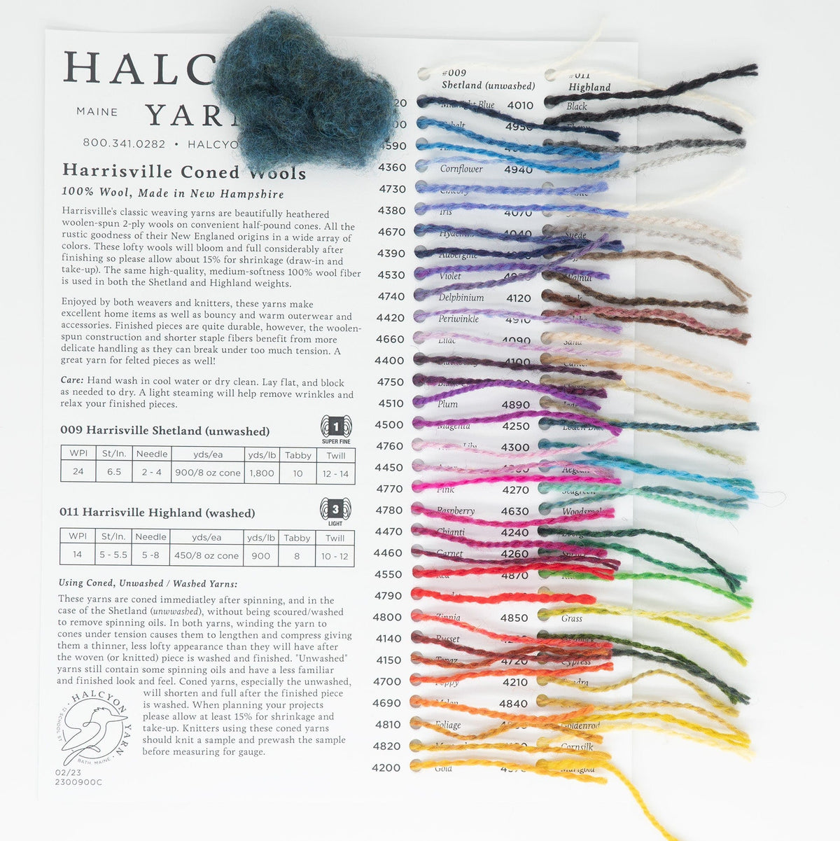 A Harrisville Fiber for Felting and Spinning - Sample Card featuring numeric codes alongside small tufts of carded wool arranged in a spectrum from dark blue and purple at the top to yellow at the bottom.