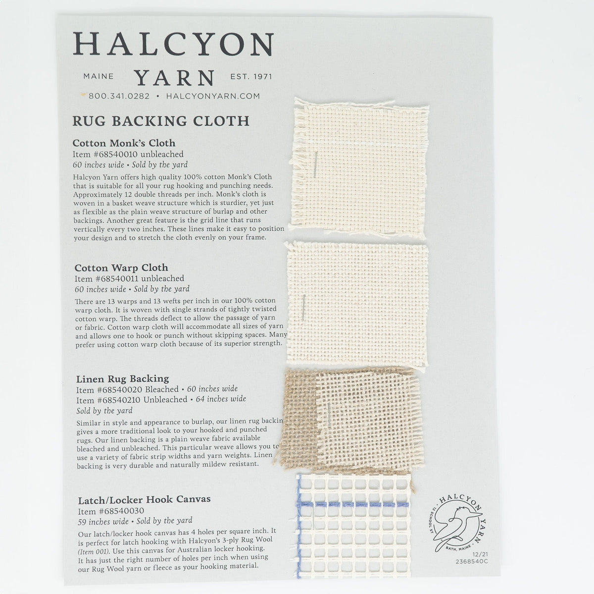 Halcyon Yarn Rug Backing Sample Cards Rug Backing Sample Card