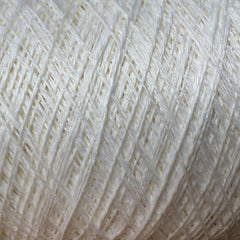 Close-up of a Newport 16/2 Linen Yarn Mini-cone by Halcyon Yarn, featuring fine, tightly wound white threads with a subtle sheen and crisscross pattern—ideal for weaving projects.
