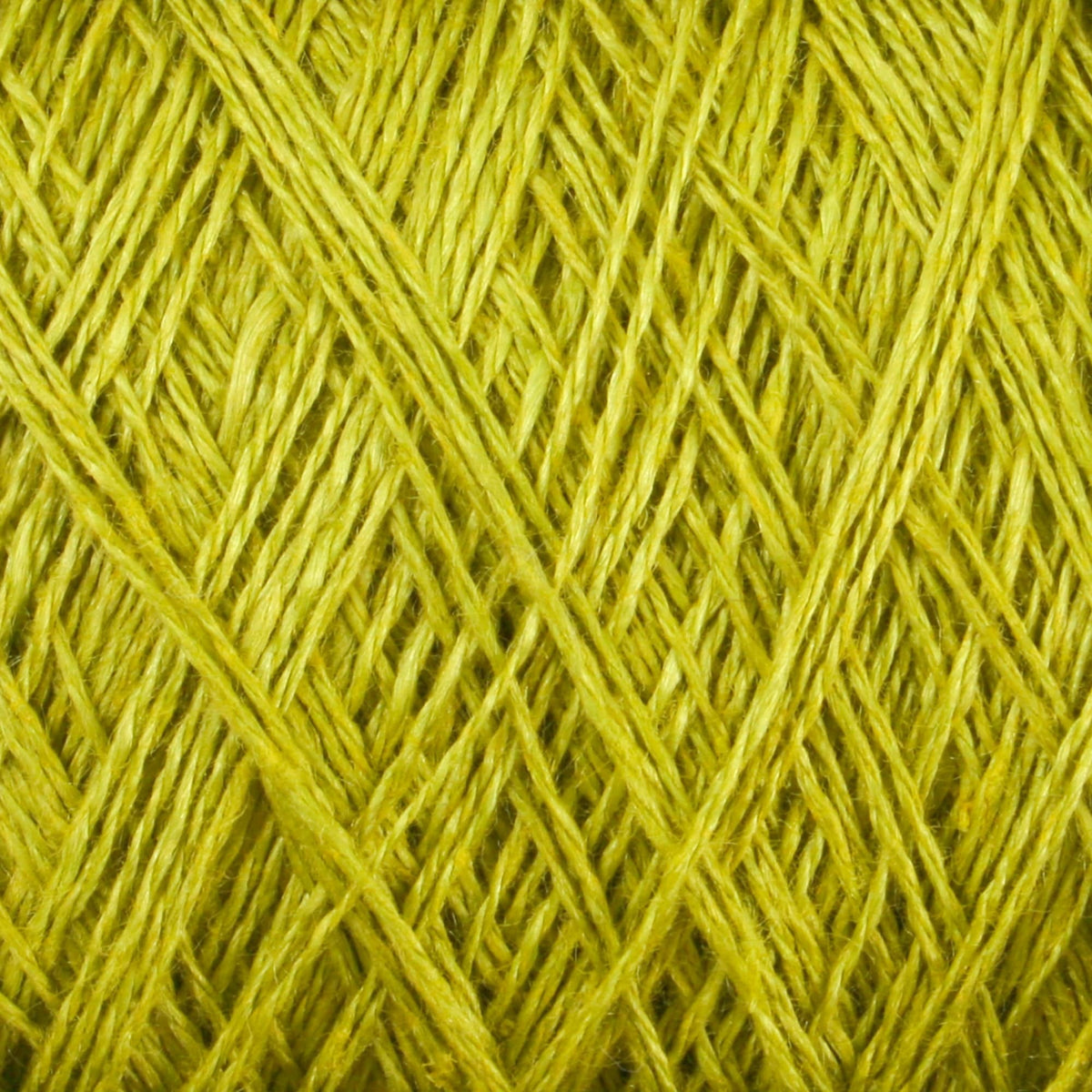 Close-up of bright yellow Newport 16/2 Linen Yarn strands from Halcyon Yarn, crisscrossing and overlapping to form a detailed, textured pattern on a mini-cone.