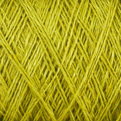 Close-up of bright yellow Newport 16/2 Linen Yarn strands from Halcyon Yarn, crisscrossing and overlapping to form a detailed, textured pattern on a mini-cone.