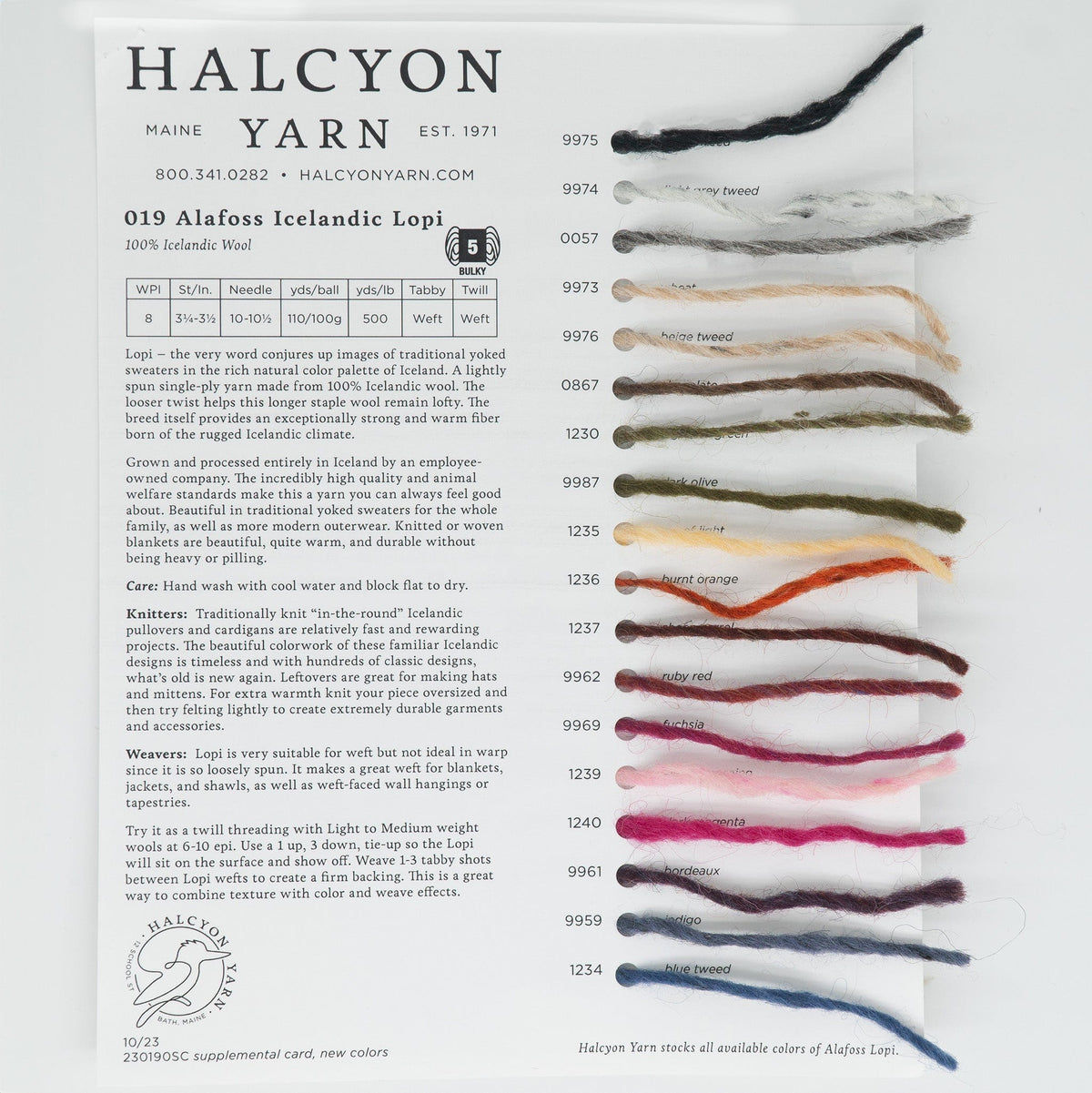 The Halcyon Yarn Alafoss Icelandic Lopi Sample Card (2-card set) shows 15 vibrant bulky yarn strands, numbers 9974–1233, arranged vertically on white with product details at left.