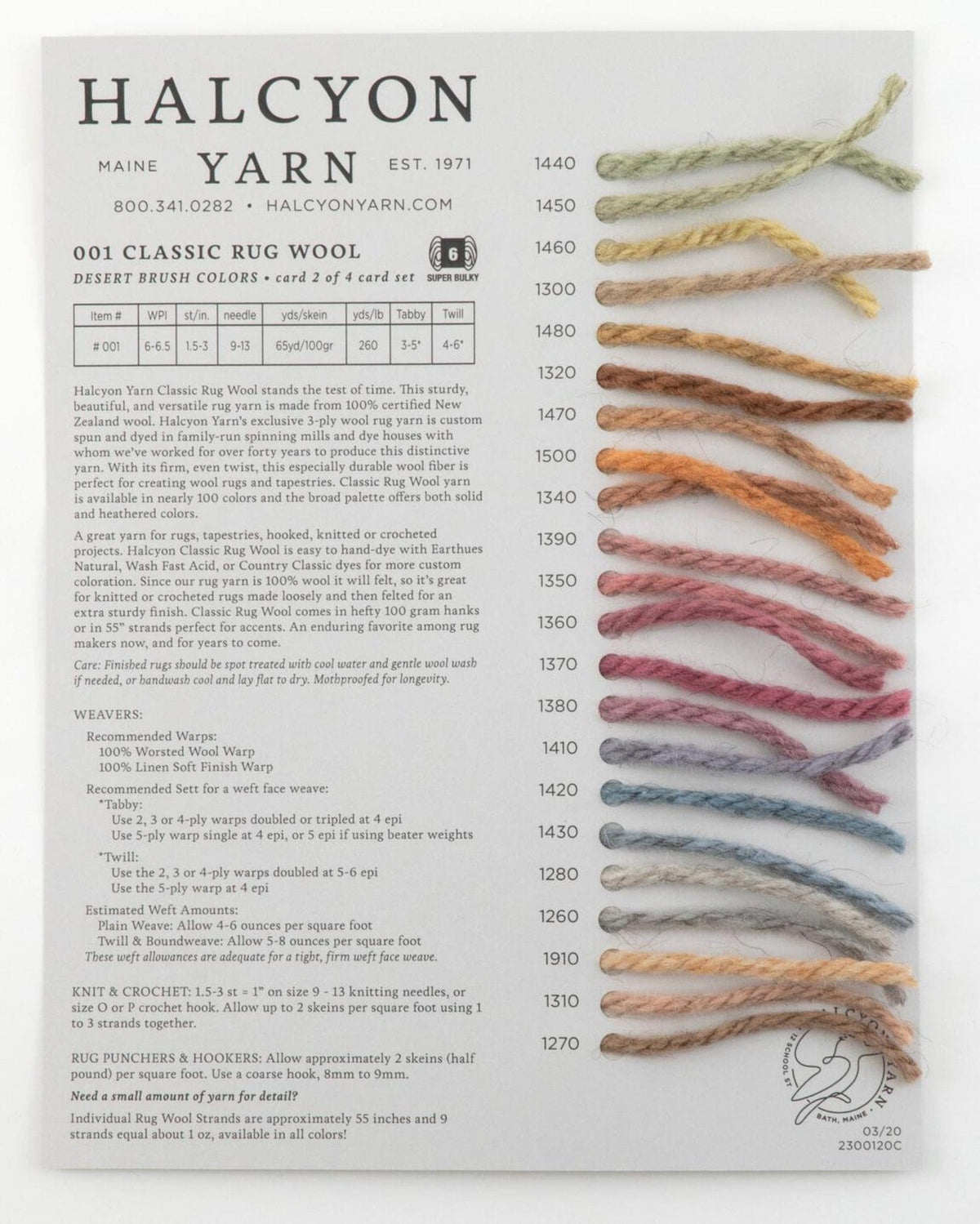 A Halcyon Yarn "Classic Rug Wool Sample Card" displays a vibrant spectrum, including beige, pink, orange, green, and blue. Each color is color-coded with detailed wool characteristics for versatile rug making.