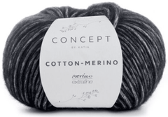 A skein of Katia Cotton-Merino yarn in dark gray with lighter streaks, made from a super soft Merino blend spun in a chainette cotton tube, wrapped in a white label showing the Katia brand and product name.