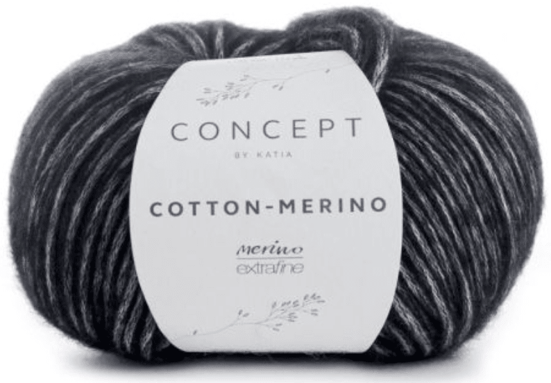 A skein of Katia Cotton-Merino yarn in dark gray with lighter streaks, made from a super soft Merino blend spun in a chainette cotton tube, wrapped in a white label showing the Katia brand and product name.