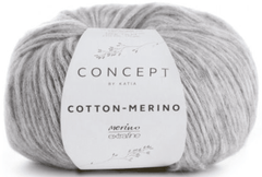 A light gray ball of Katia Cotton-Merino yarn with a white label featuring leaf illustrations, made from super soft Merino in a chainette cotton tube.