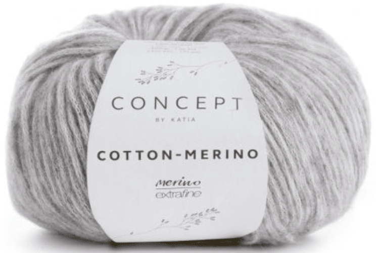 A light gray ball of Katia Cotton-Merino yarn with a white label featuring leaf illustrations, made from super soft Merino in a chainette cotton tube.